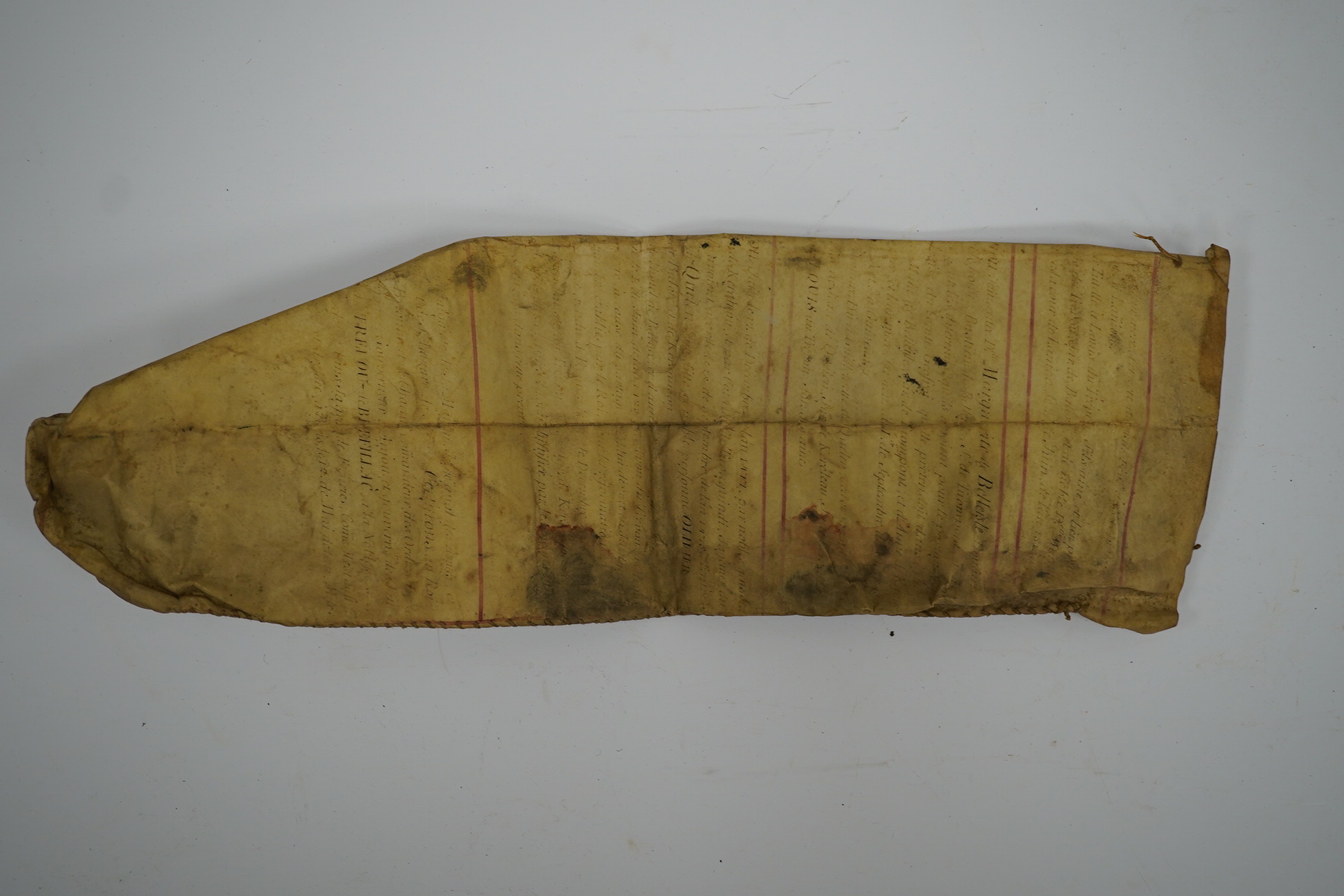 A section of a vellum family tree, converted into a bag, Together with an oak tripod, two whips, a Balanese Kris with lion man grip, a hunting dagger with horn grips, a small knife, etc. Condition - poor to fair